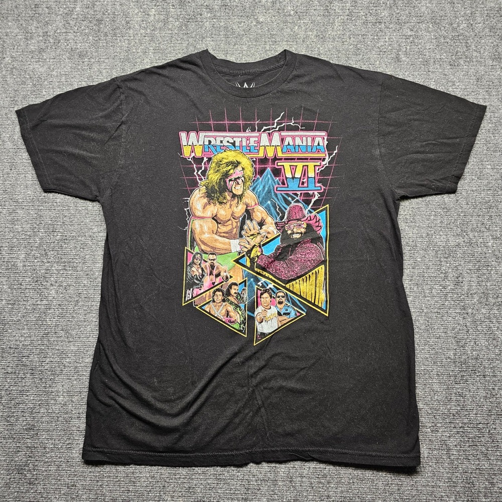 WWE WrestleMania VI Graphic T-Shirt Mens Large Black Ultimate Warrior Macho Man